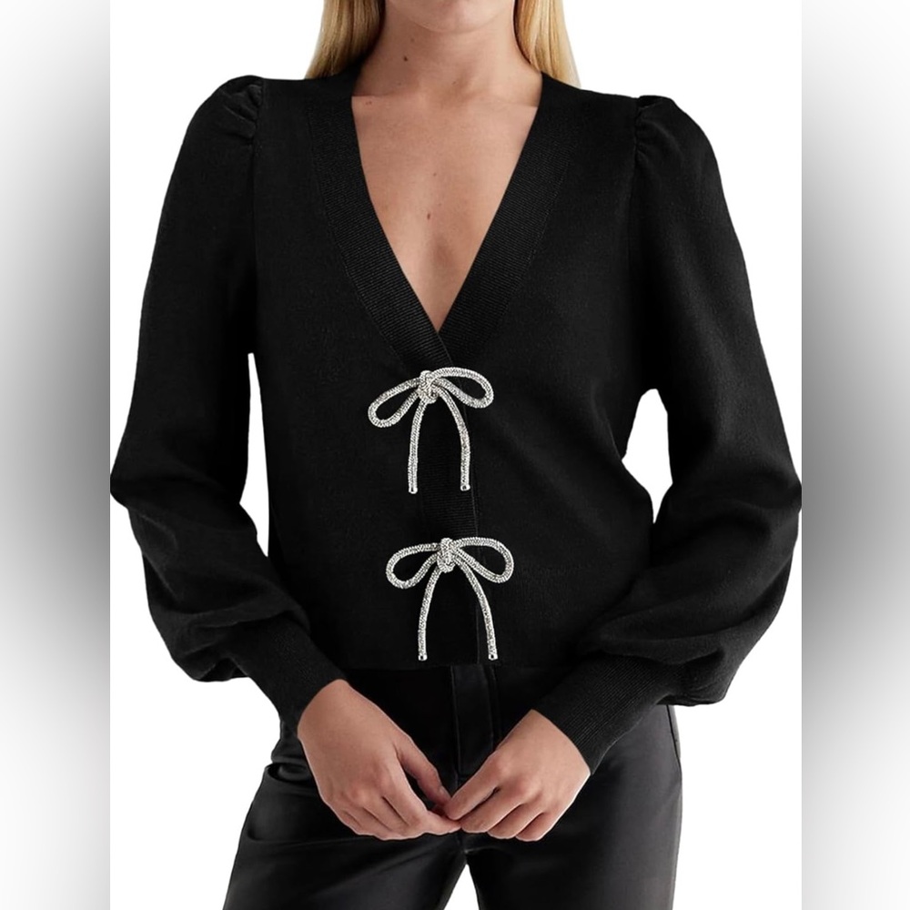 NWT Express Sparkle Bow Cardigan SOLD OUT Puff Sleeve Black XL
